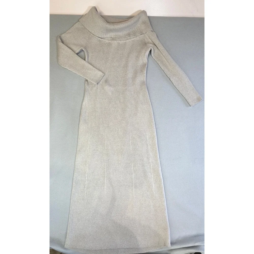 Abercrombie Ribbed Knit Maxi Dress XLP Tan Off Shoulder Quiet Luxury Sweater
